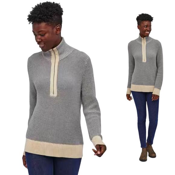 Patagonia Quarter Zip Sweater Small Ponderosa Pine Gray Cotton Knit 1/4 Pullover - Picture 1 of 7